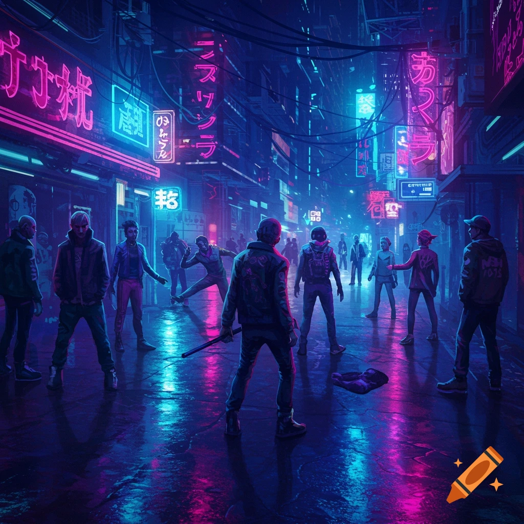 People standing in a neon-lit cyberpunk city street at night.