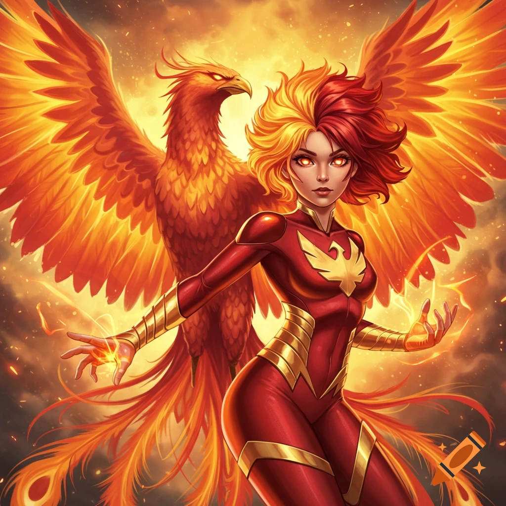 A female superhero in red and gold, with fiery hair, stands with a ...