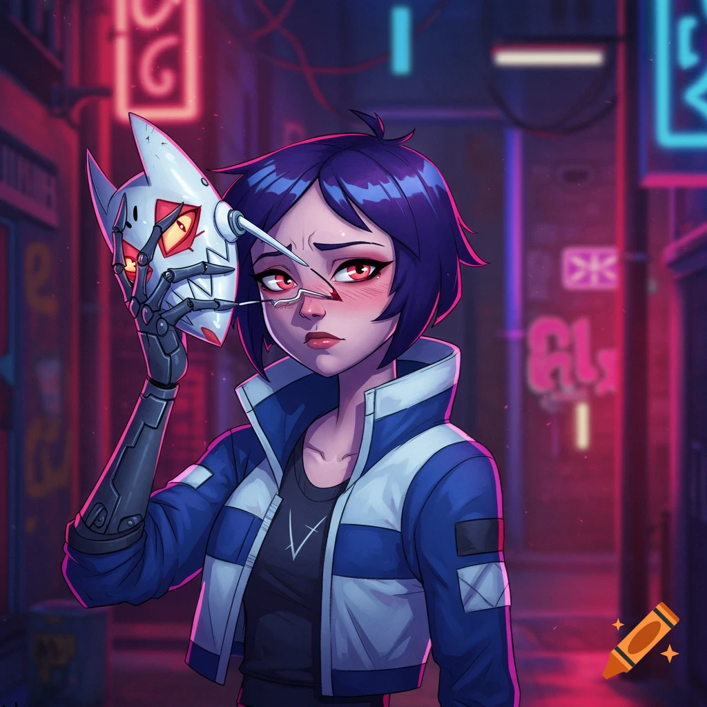 Anime character holding a mask in a neon-lit cyberpunk alley
