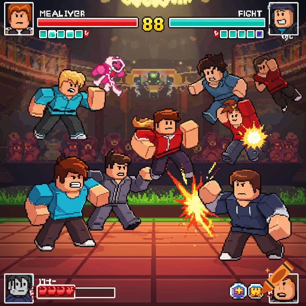 Pixel art fighting game scene with multiple characters in action, displaying health bars and UI elements in an arena.