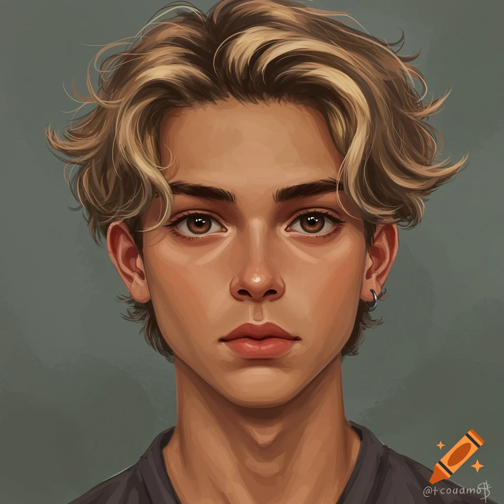 A portrait of a young man with wavy blonde hair and brown eyes.