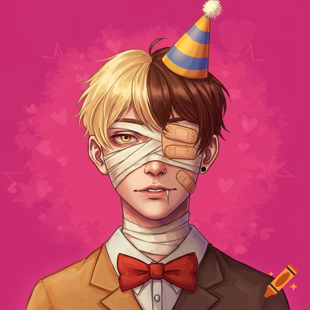A portrait of a young man with split blonde and brown hair, bandages over one eye, and a party hat.