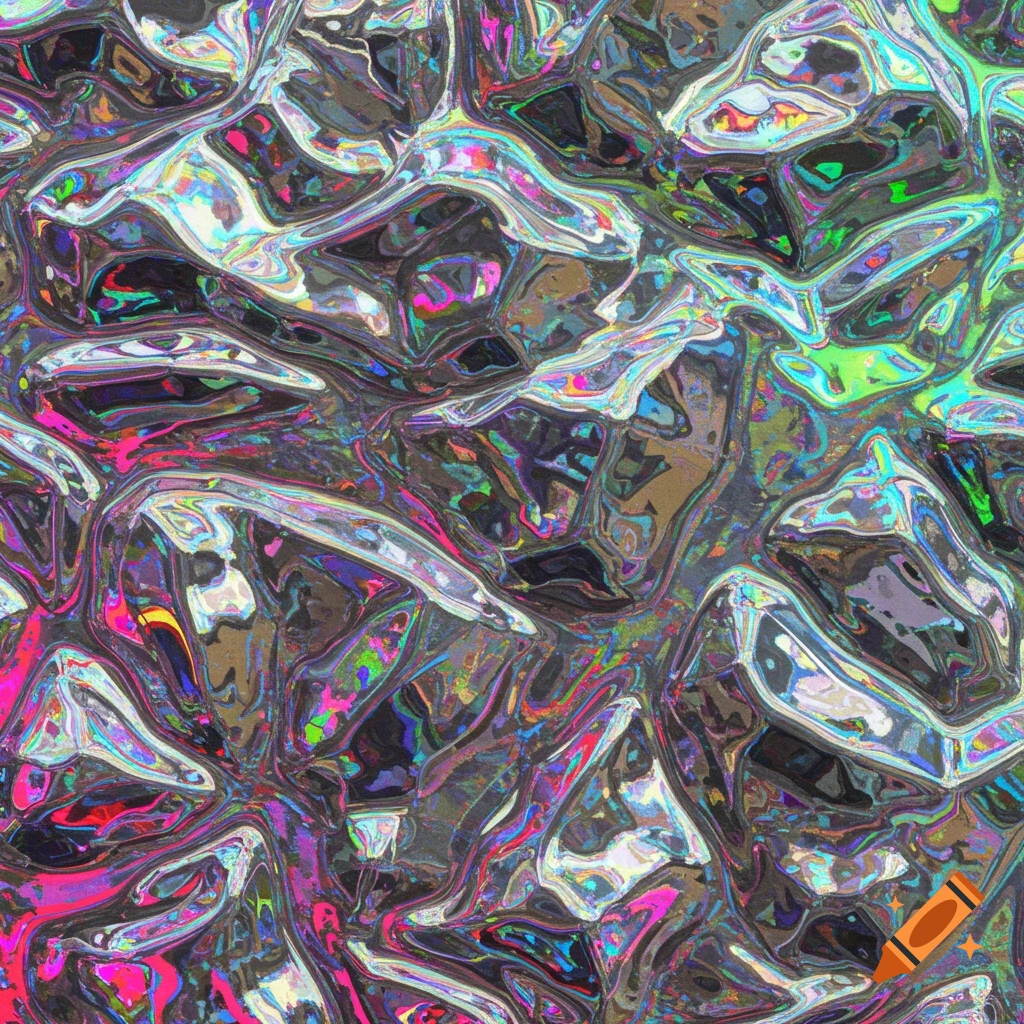 An abstract pattern of glowing, iridescent metallic chrome with wavy, reflective surfaces.