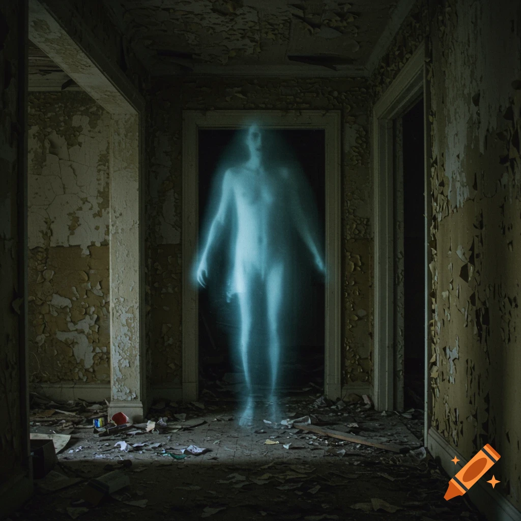 A glowing blue ghost stands in the doorway of a dark, abandoned room.