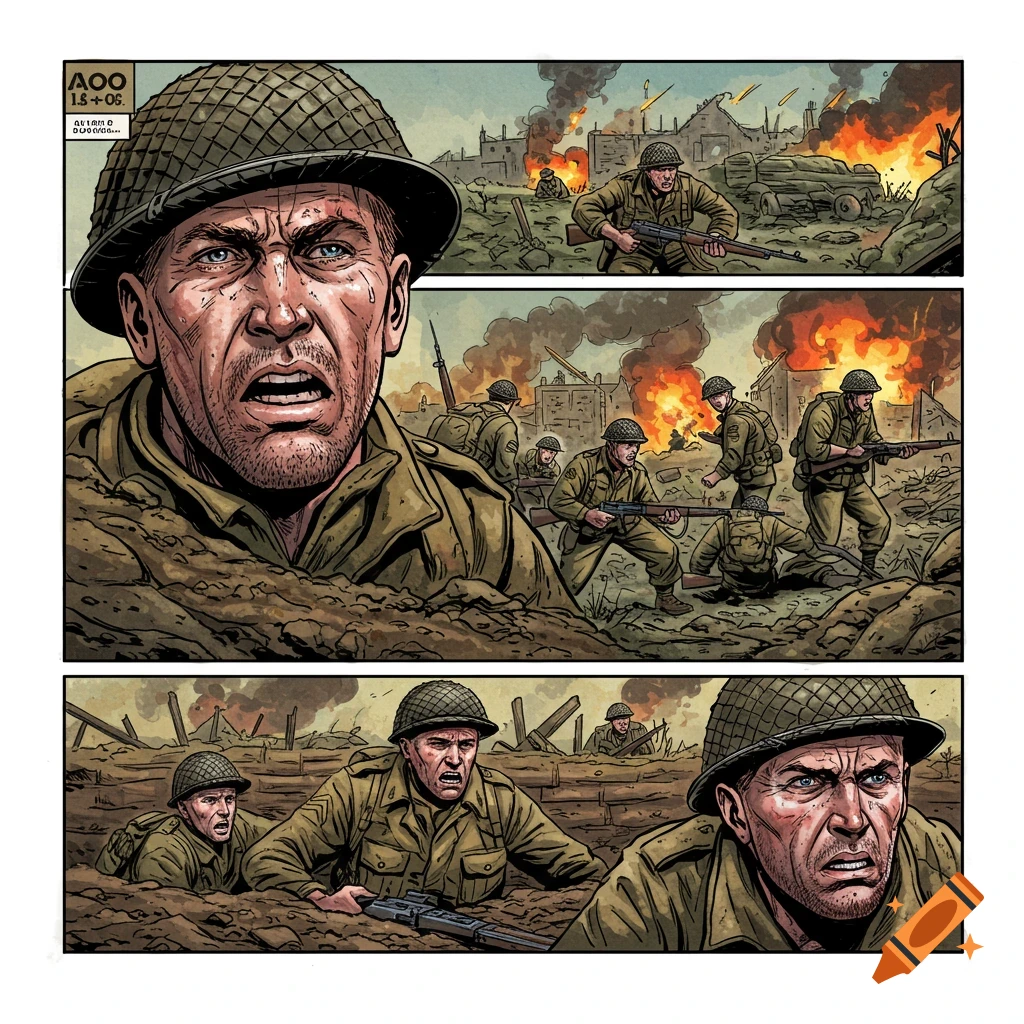 Comic panels depict soldiers in World War 2 combat during an attack in a destroyed city.