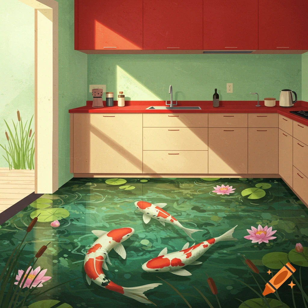 A kitchen interior with a pond floor featuring koi fish, lily pads, and reeds.