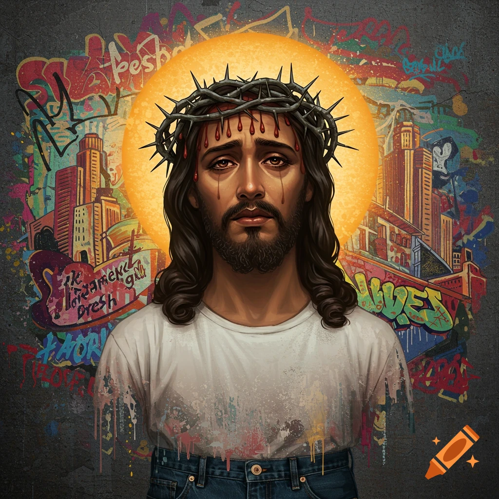 Image of Jesus wearing a crown of thorns and crying blood tears, set against a background of colorful street art and city buildings.