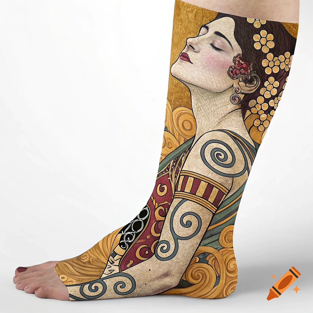 Stylized tattoo in Art Nouveau and Surrealist style covering a leg and foot.