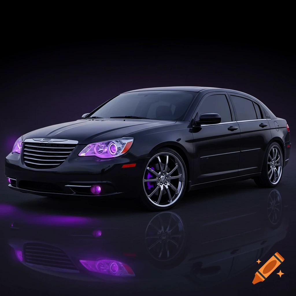 A black sedan with purple headlights and chrome rims reflecting on a dark surface.