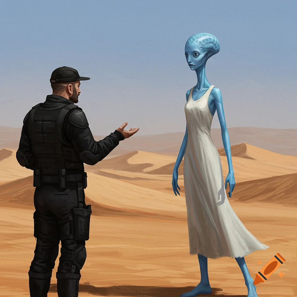 A bodyguard talks to a blue alien woman in a desert.