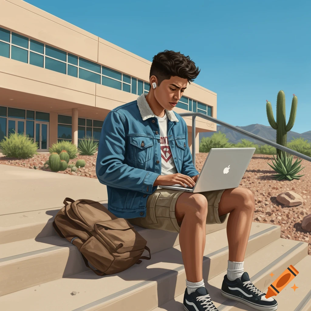 A college student sits on steps outside a building, using a laptop in a desert landscape.