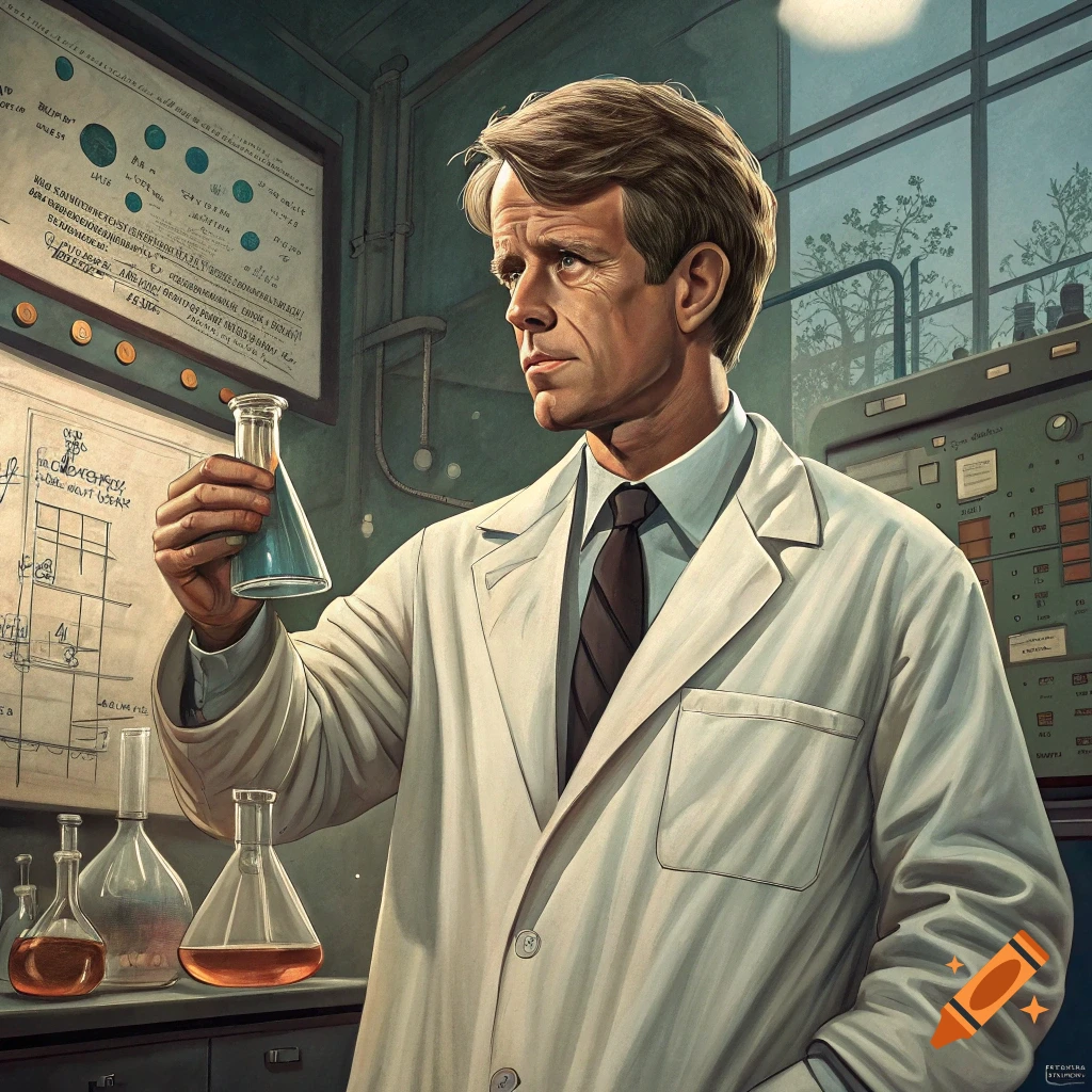 A scientist in a lab coat holds a flask of liquid in a laboratory.