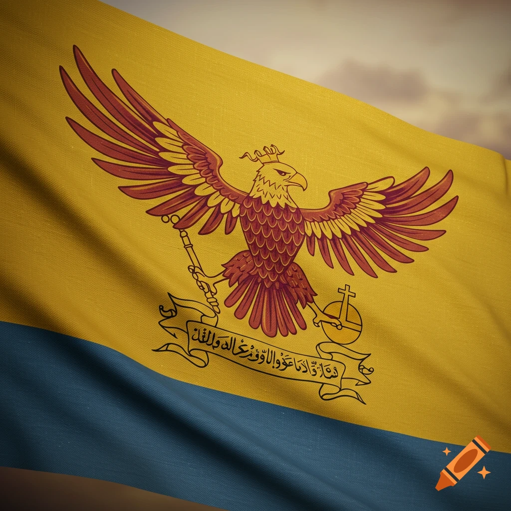 Realistic photo of a golden-yellow and blue flag with a red and gold eagle emblem holding a staff and symbols, featuring a banner with text, waving slightly.