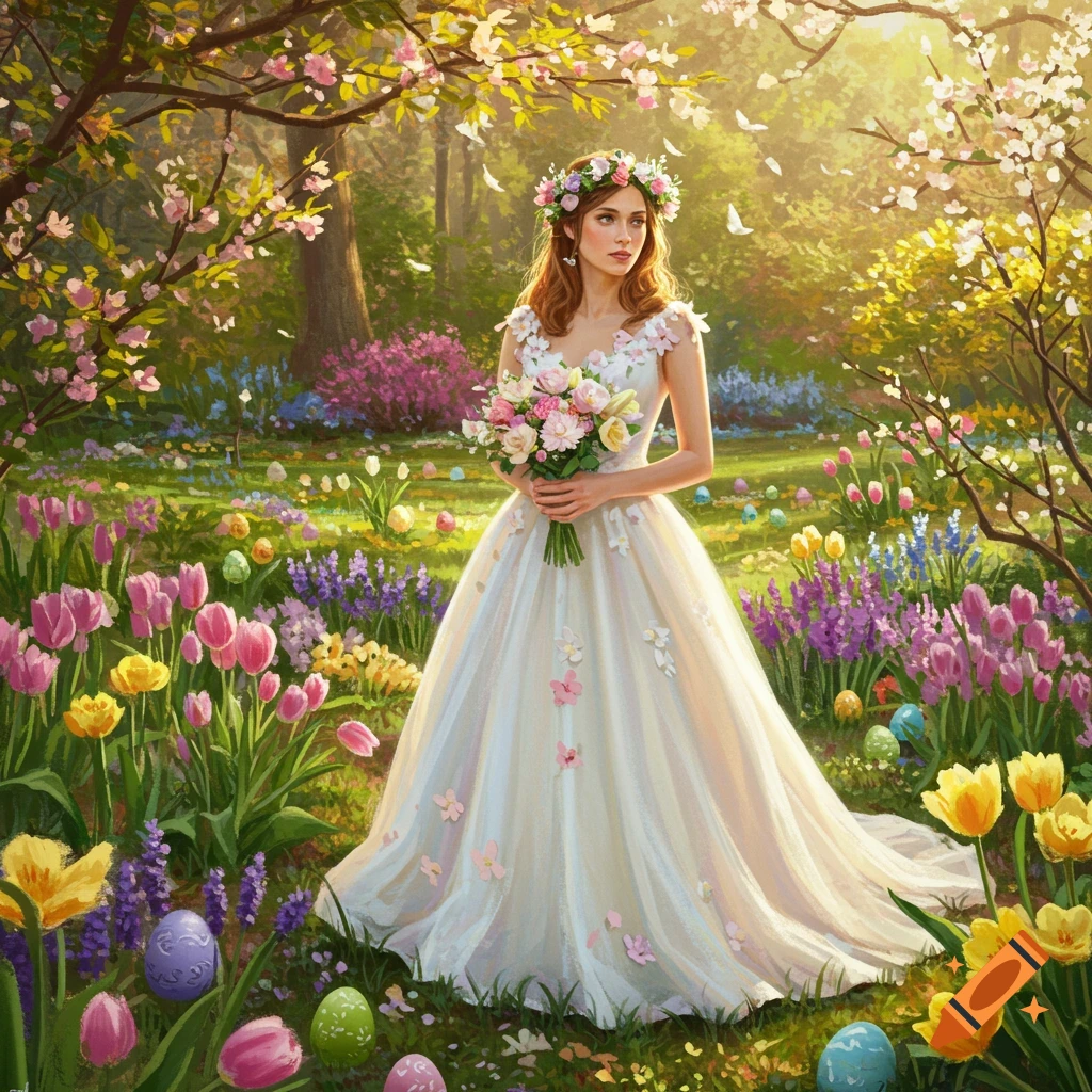 A woman in a white dress and floral crown holds a bouquet in a spring garden with tulips, flowers, and Easter eggs.
