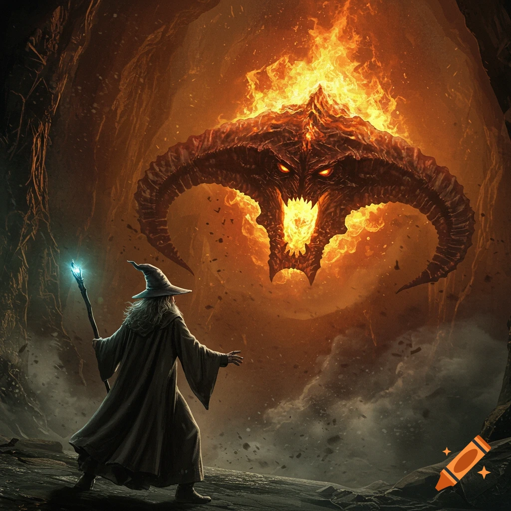 A wizard faces a fiery demon in a cave.