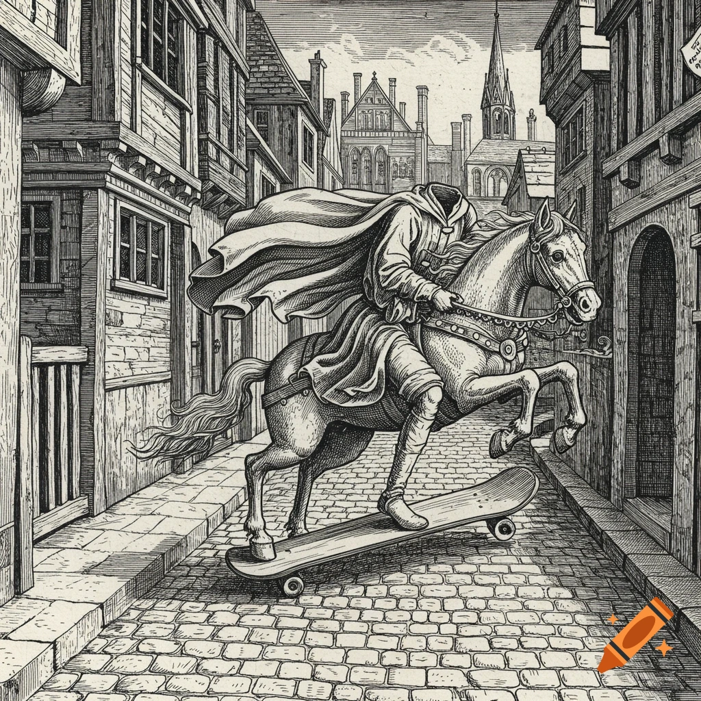 Black ink etching of a headless figure riding a horse on a skateboard down a cobblestone street.