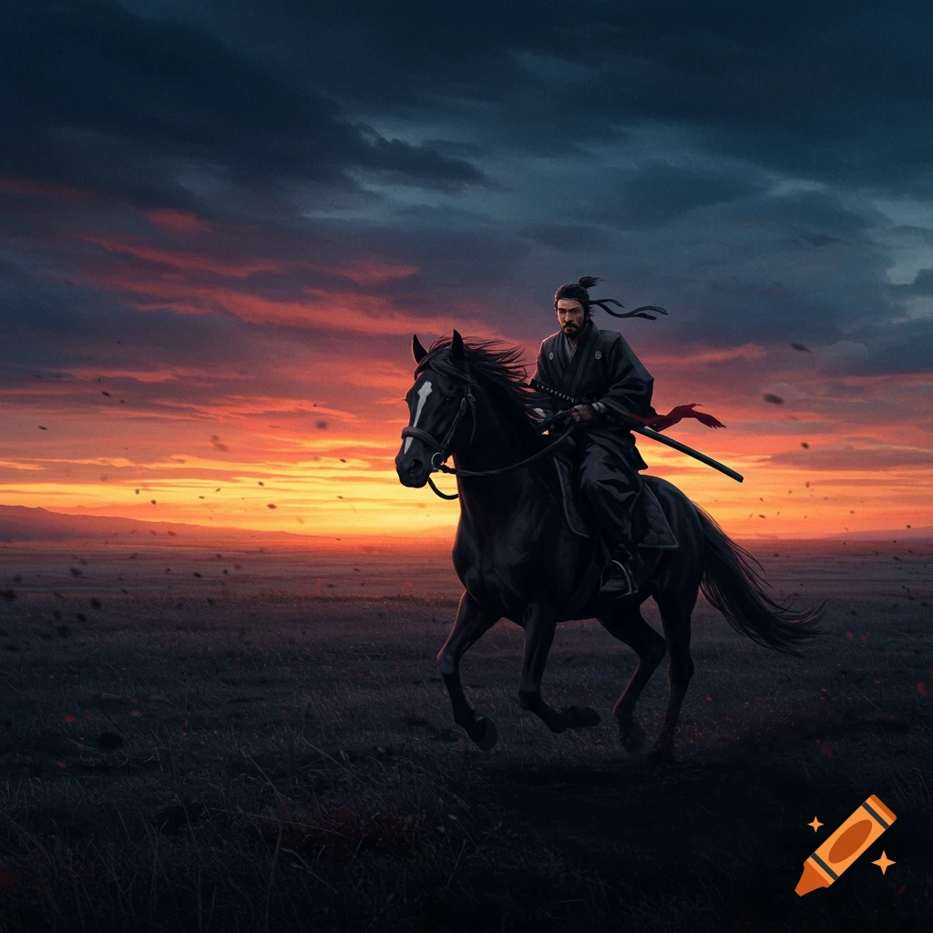 A Ronin rides a horse across a field at sunset.