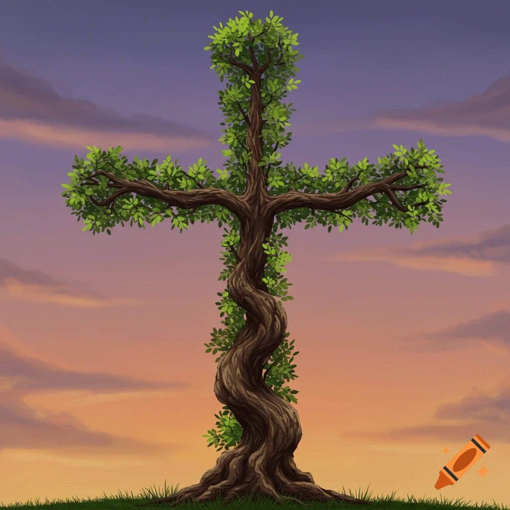 A tree shaped like a cross against a sunset sky.