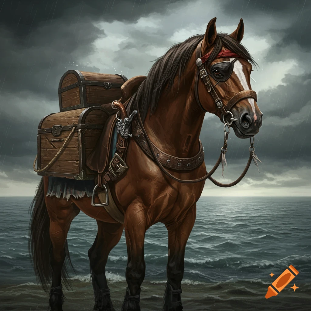 A brown horse with a pirate eyepatch and bandana carries treasure chests on its back, standing by a stormy sea.