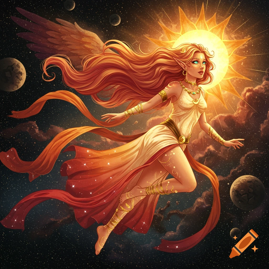 Painting of a solar goddess flying through space with flowing hair, wings, and planets.