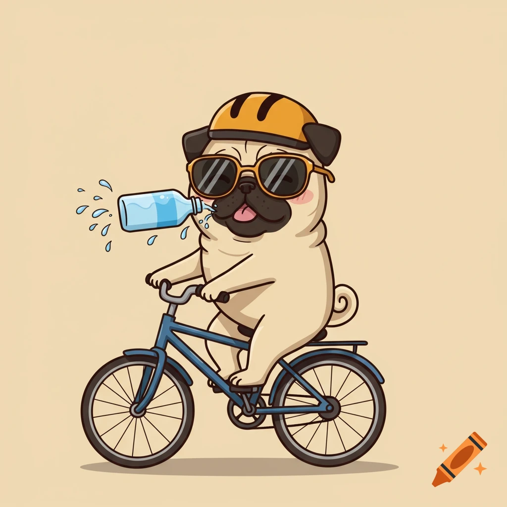 Cartoon pug riding a bike and drinking water