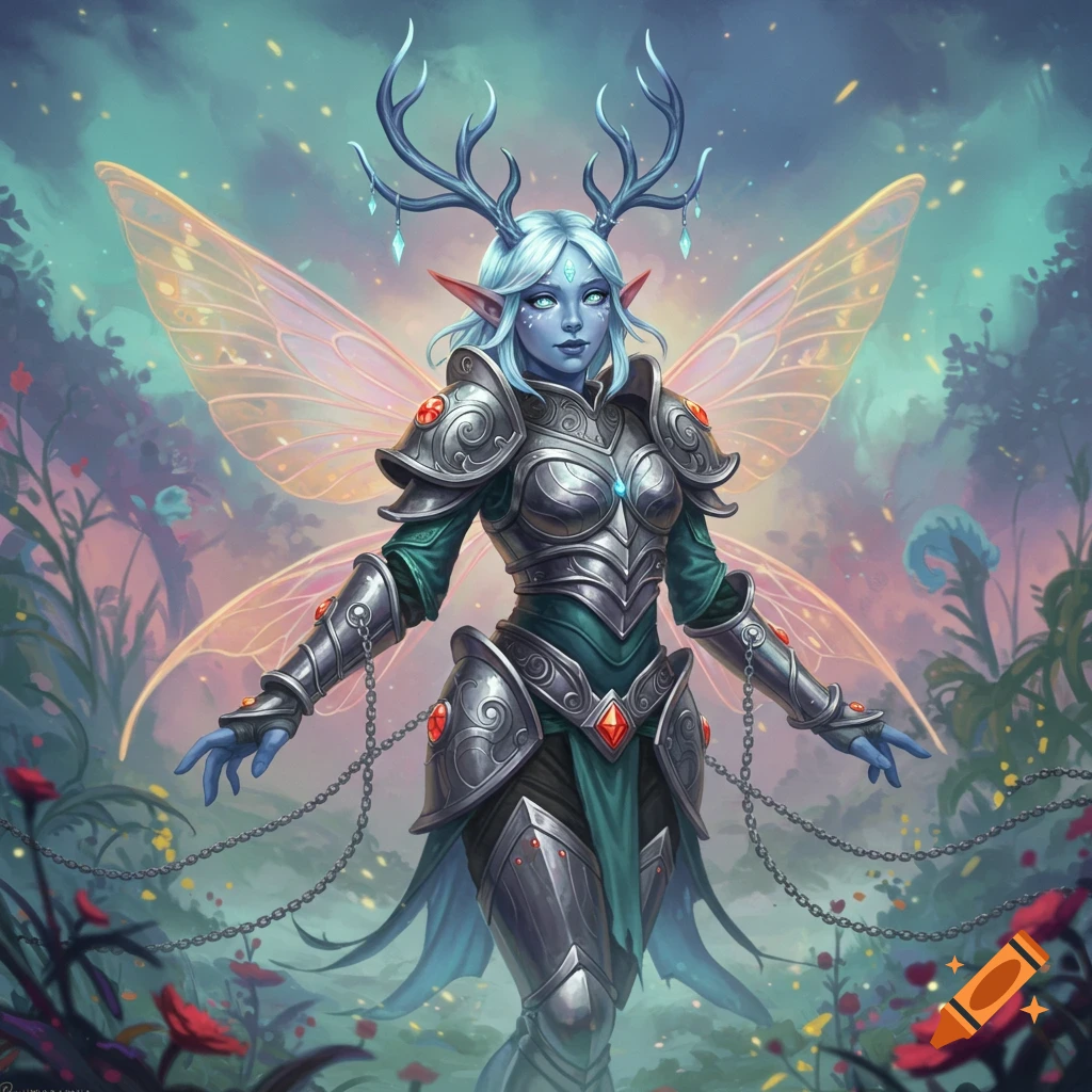A fantasy fairy spirit with antlers and translucent wings, wearing silver armor in a forest setting.