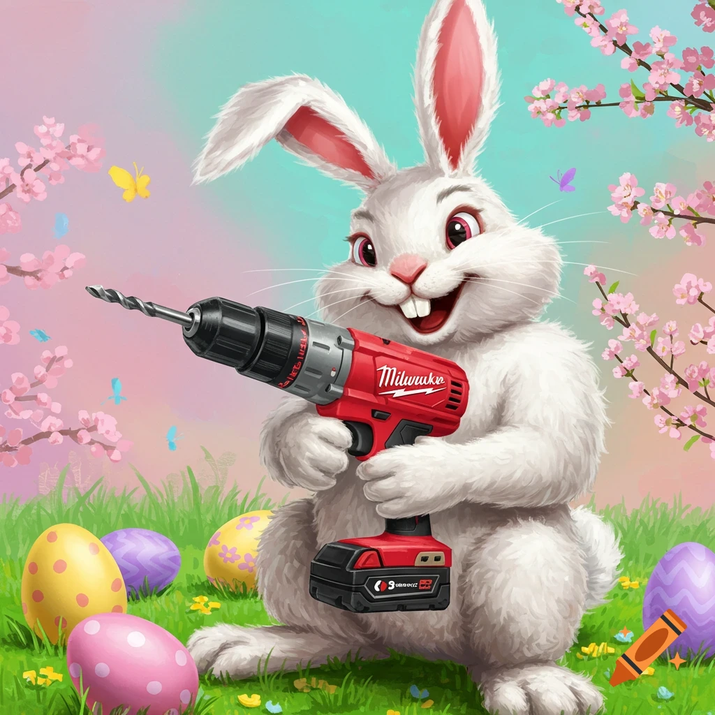 Easter Bunny holding a Milwaukee drill in a field with Easter eggs