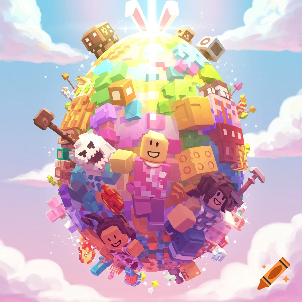 A colorful sphere decorated like a Roblox Easter egg with characters, blocks, and bunny ears.