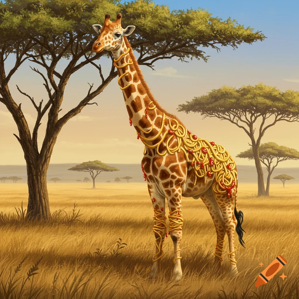 A giraffe covered in spaghetti and meatballs standing in an African savanna.