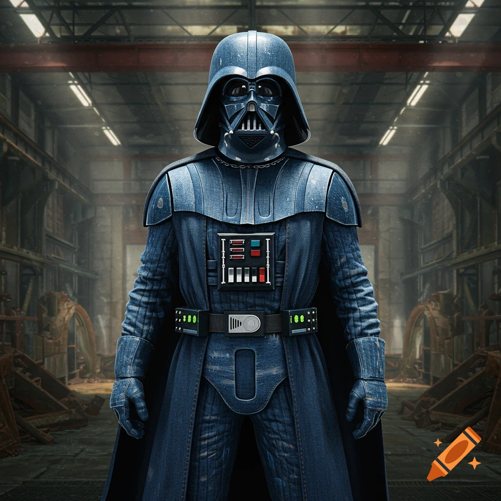 Darth Vader in a denim suit stands in an industrial setting.