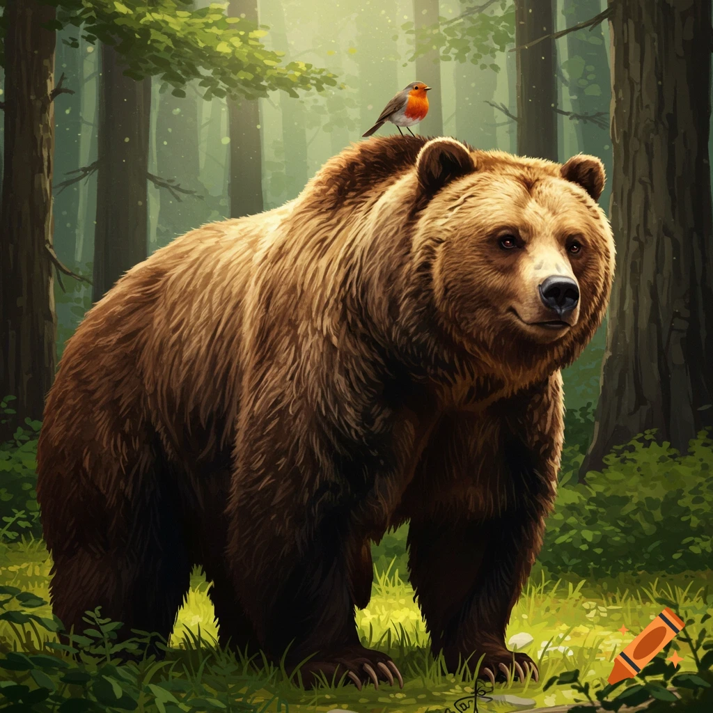 A grizzly bear stands in a sunlit forest with a robin perched on its shoulder.
