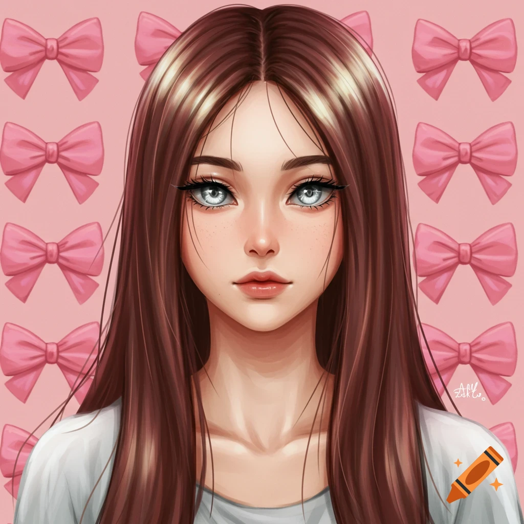 A young woman with long brown hair and silver eyes against a pink background with repeating pink bows.