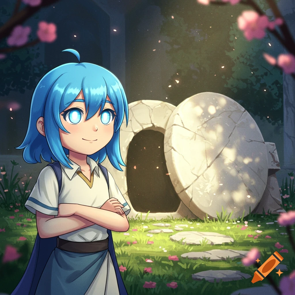 Anime character with blue hair stands before an empty stone tomb