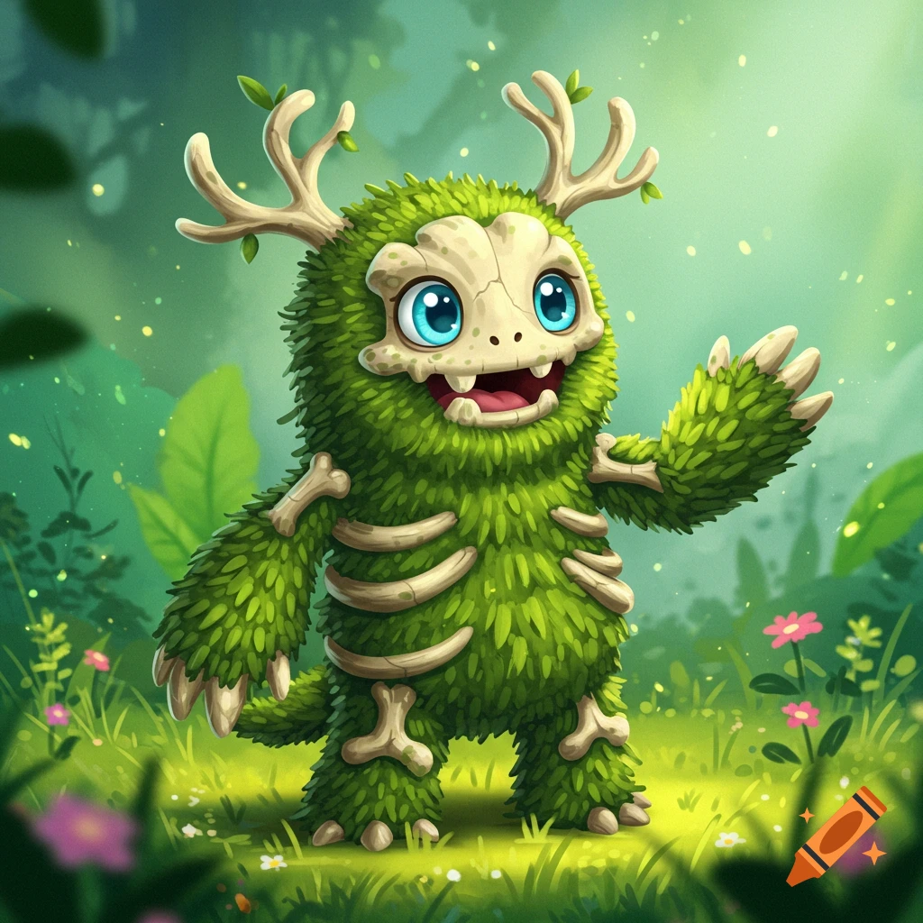 A cute green fuzzy monster with bone antlers and ribs stands in a sunny forest clearing.