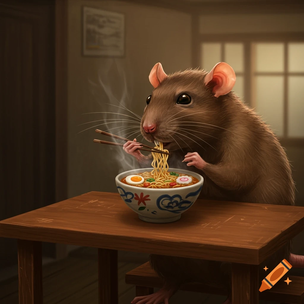 A large rat sitting at a wooden table, eating ramen with chopsticks.