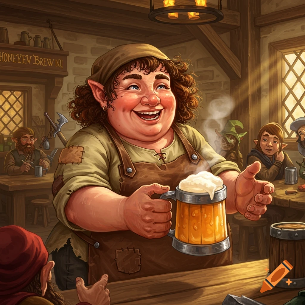 Jovial fantasy character holds a frothy mug of beer in a busy tavern.