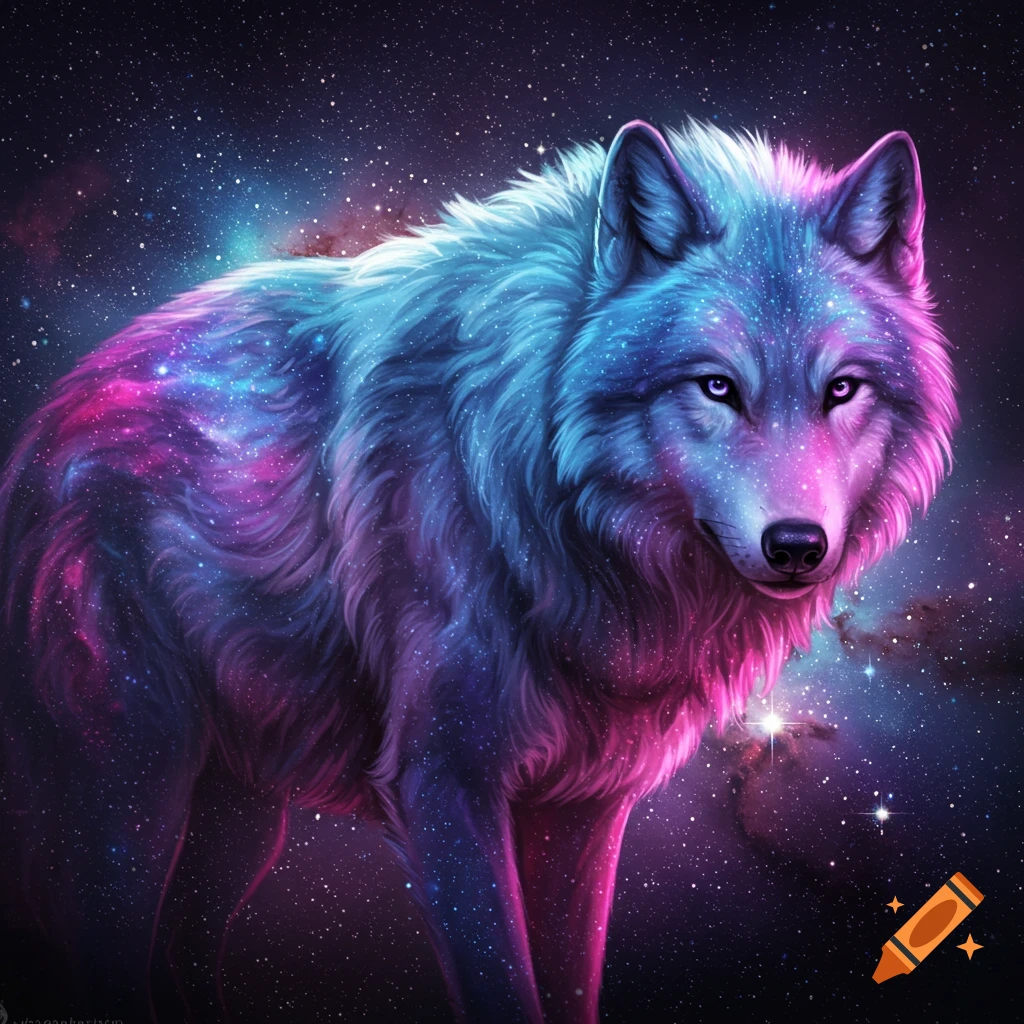 Painting of a wolf with fur patterned like a galaxy, standing in space.