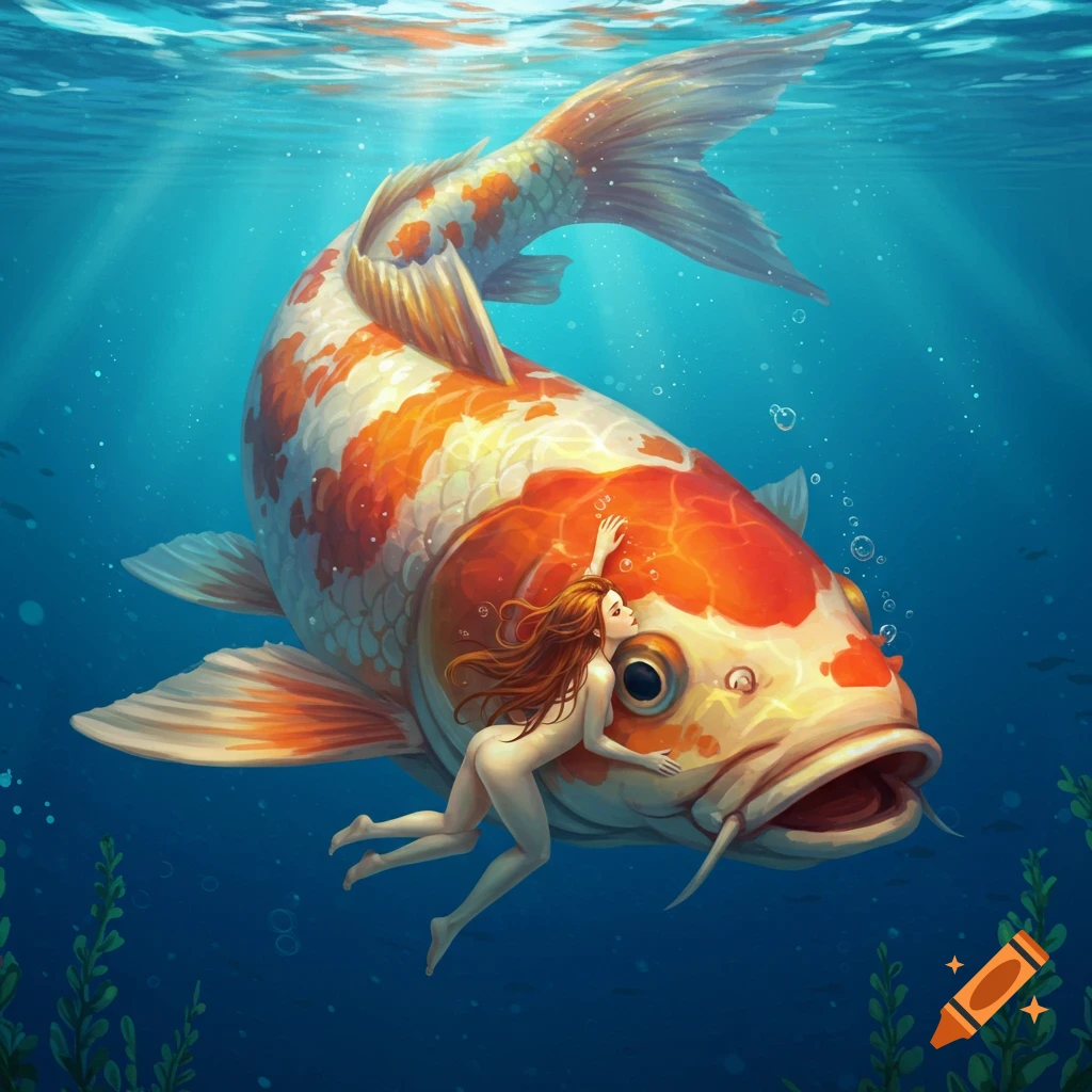 A woman swimming underwater with a large koi fish.