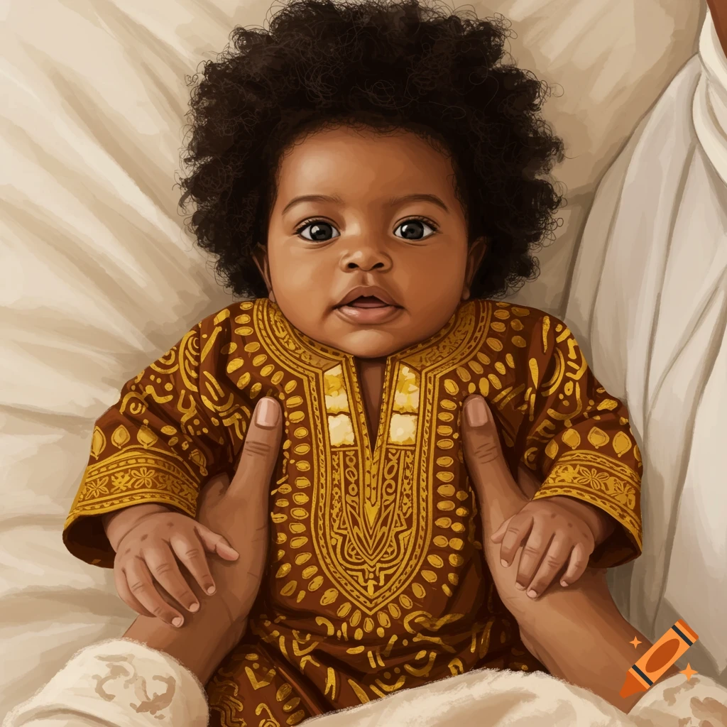 A baby with an afro wearing a gold Dashiki, held by hands on a white blanket.