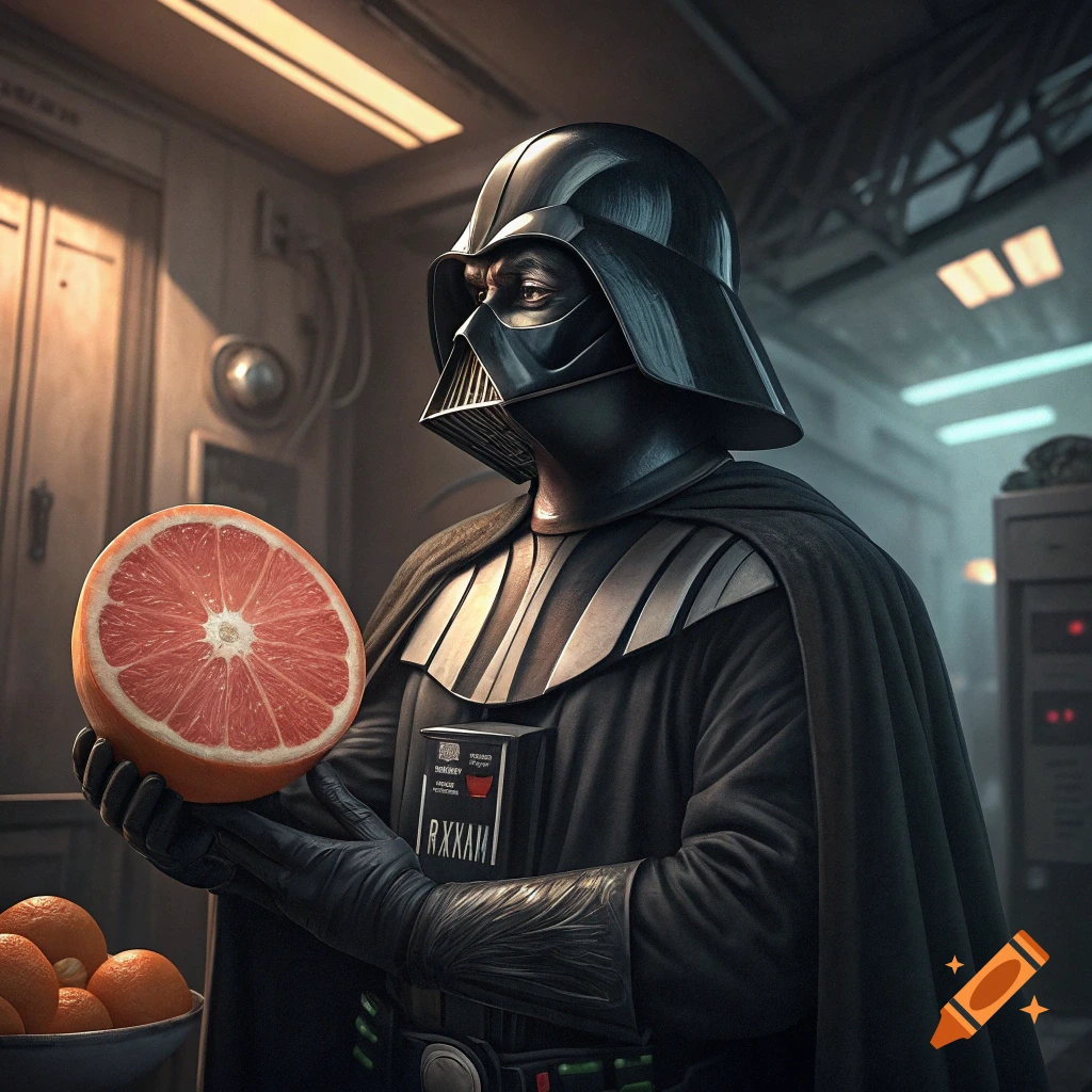 Darth Vader in a futuristic room holds a large, cut grapefruit.
