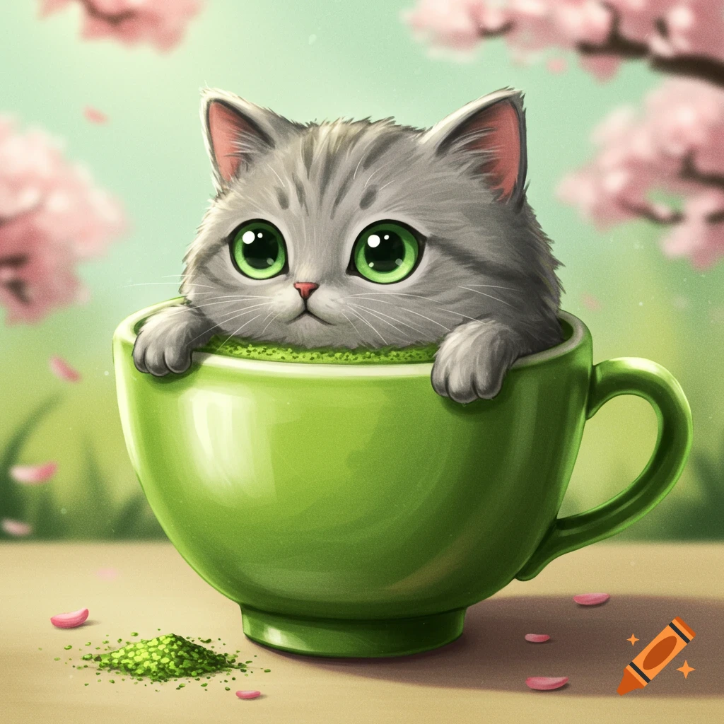A cute grey kitten with big green eyes is sitting in a green matcha cup, with cherry blossoms in the background.