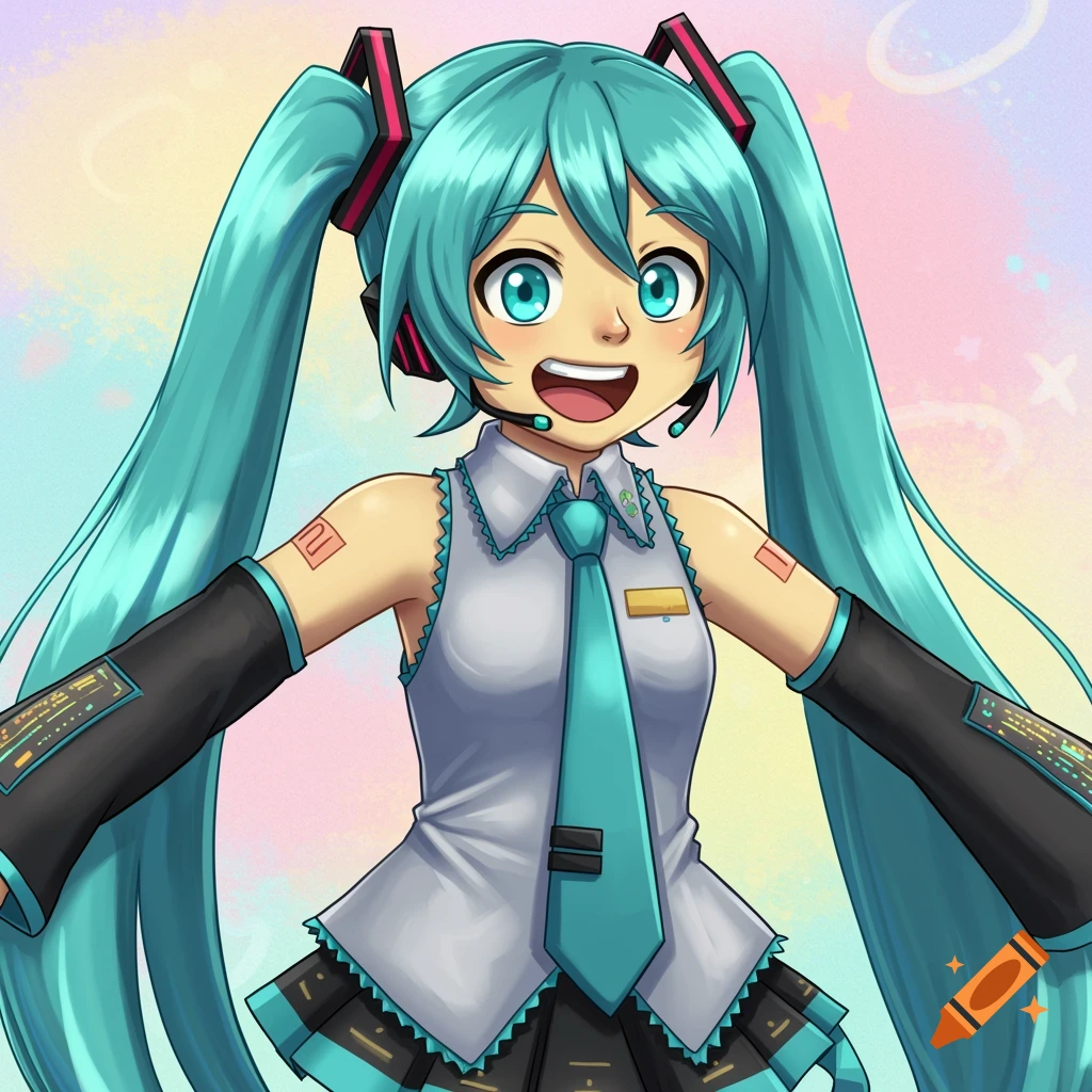 A cheerful anime character with turquoise pigtails in a blue and white costume.