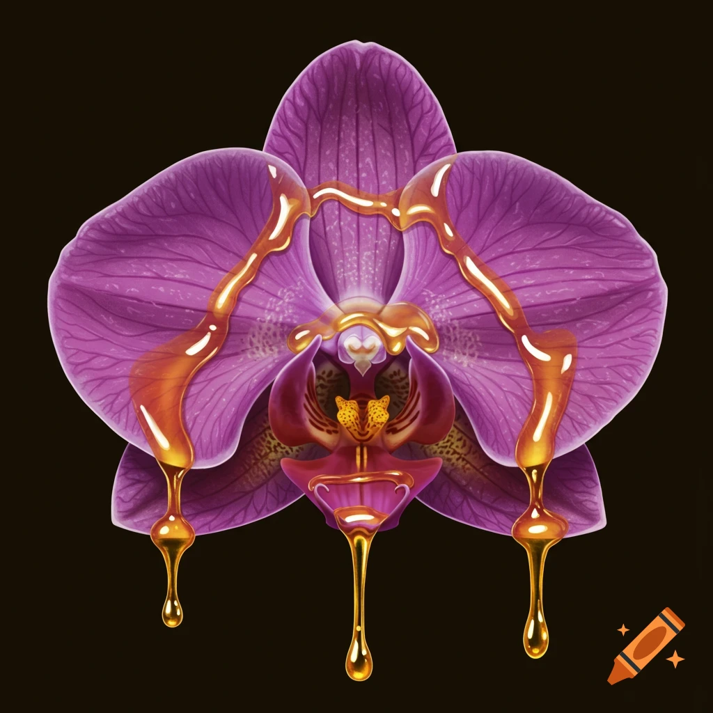 A purple orchid with golden honey dripping.