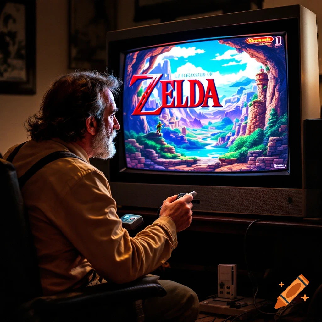 A man playing The Legend of Zelda on a large retro television, holding a controller.