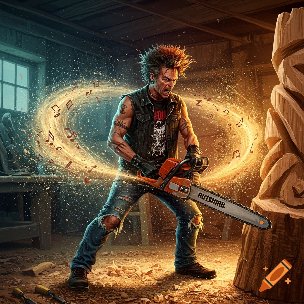 A rock and roll man carving wood with a chainsaw, surrounded by sawdust appearing as musical notes.