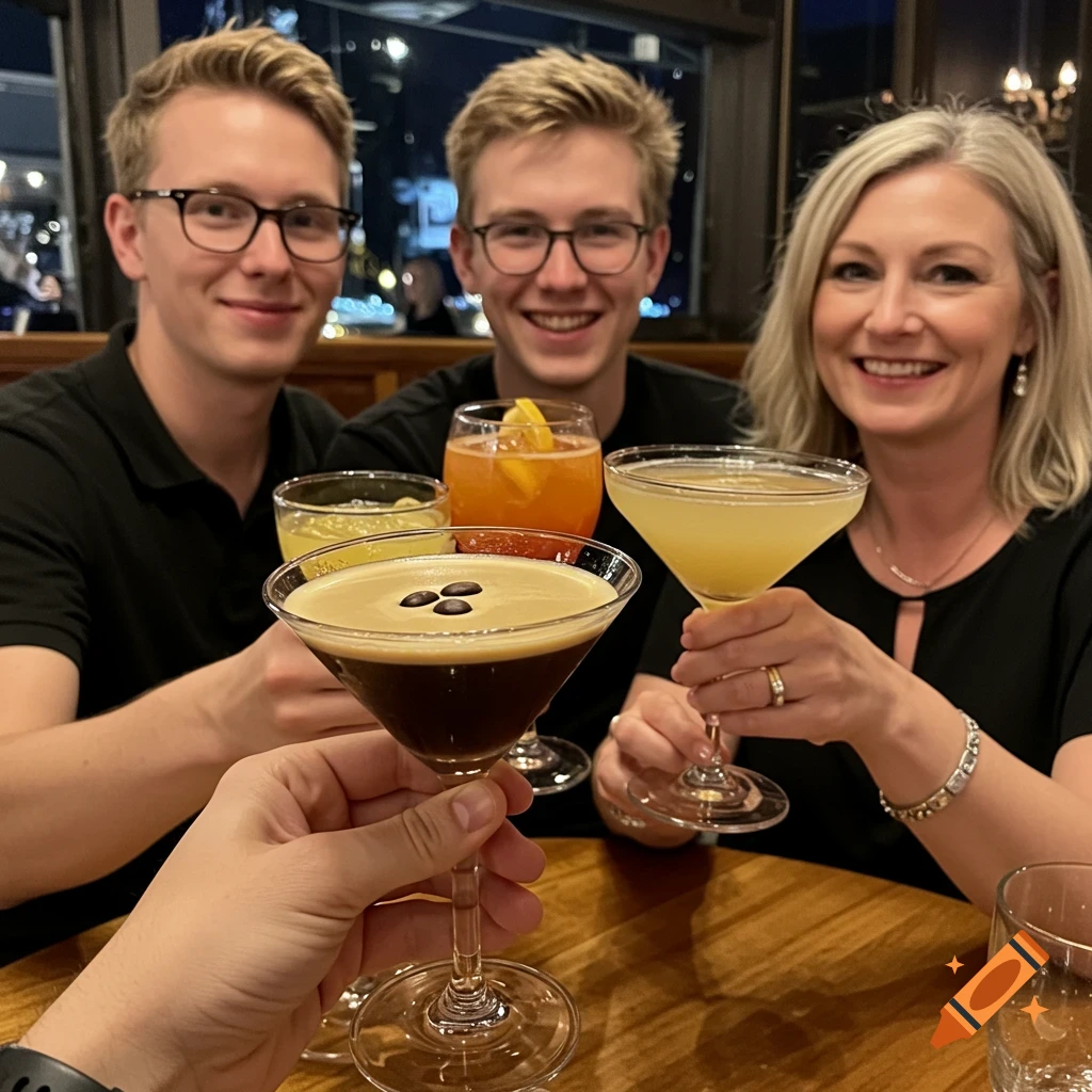 Three people smile while raising glasses of cocktails in a restaurant.