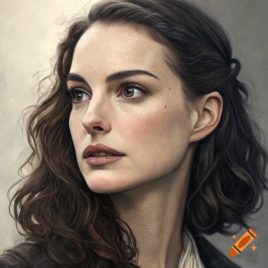 Close-up realistic portrait of a woman with brown hair looking left.