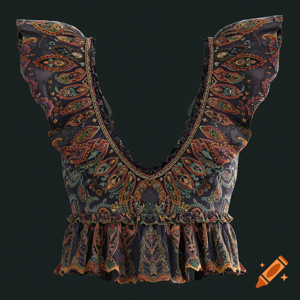 A dark blue top with a deep V-neck and ruffled cap sleeves, featuring a vibrant paisley pattern in red, orange, green, and purple.