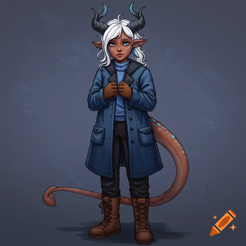 A shy fantasy character with horns and a tail, wearing a blue coat and boots.