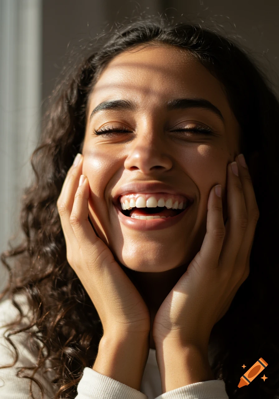 A close-up photo of a woman laughing with her hands on her face, with sunbeams on her face.